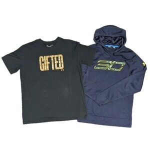 Mens Under Armour SC  HOODIE Blue and GIFTED T Shirt Black Medium STEPHEN CURRY